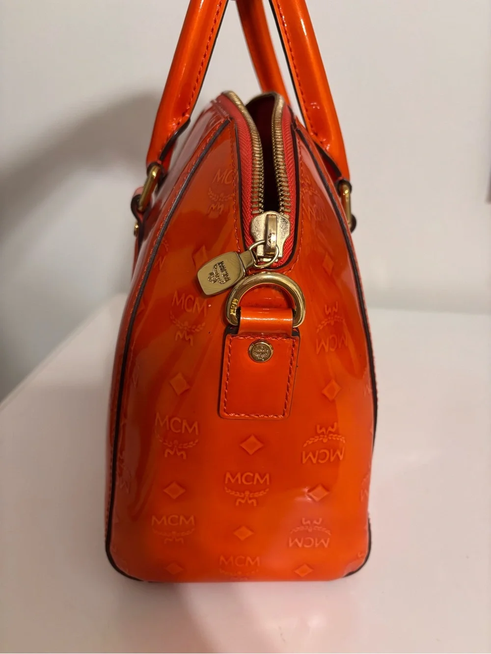 MCM Vintage Vernis Patent Leather Boston Bowling Bag – Vibrant Orange FALL BAG!!